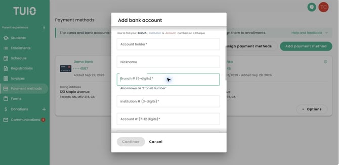 Canadian bank account setup showing account holder, branch or transit number, institution number and account number fields.
