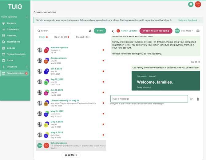 Parent Communications page with a school message, attachment and reply box
