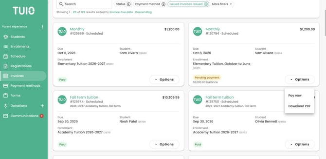 TUIO Academy demo invoice Options menu showing Pay now and Download PDF