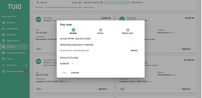 TUIO Academy demo Pay now review showing amount, payment method choices and Pay button