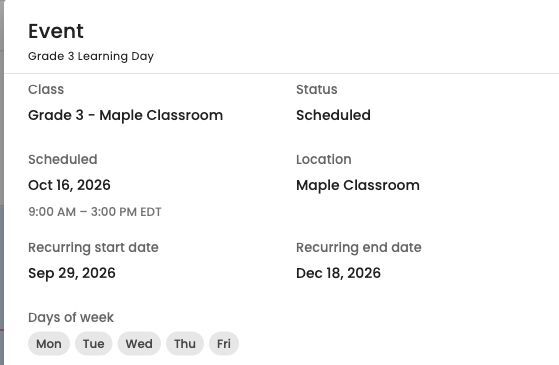 Parent schedule event details showing class, status, date, time, location, recurring dates and weekdays.