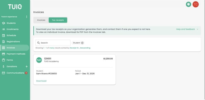 TUIO Academy demo parent Tax receipts tab showing a receipt card and Download button