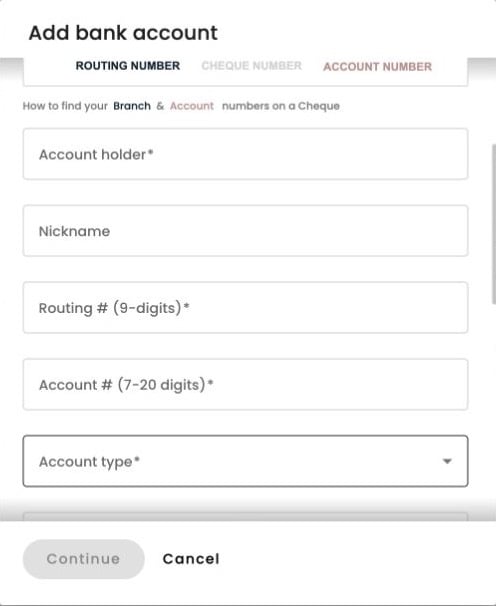 US bank account setup showing account holder, routing number, account number and account type fields.
