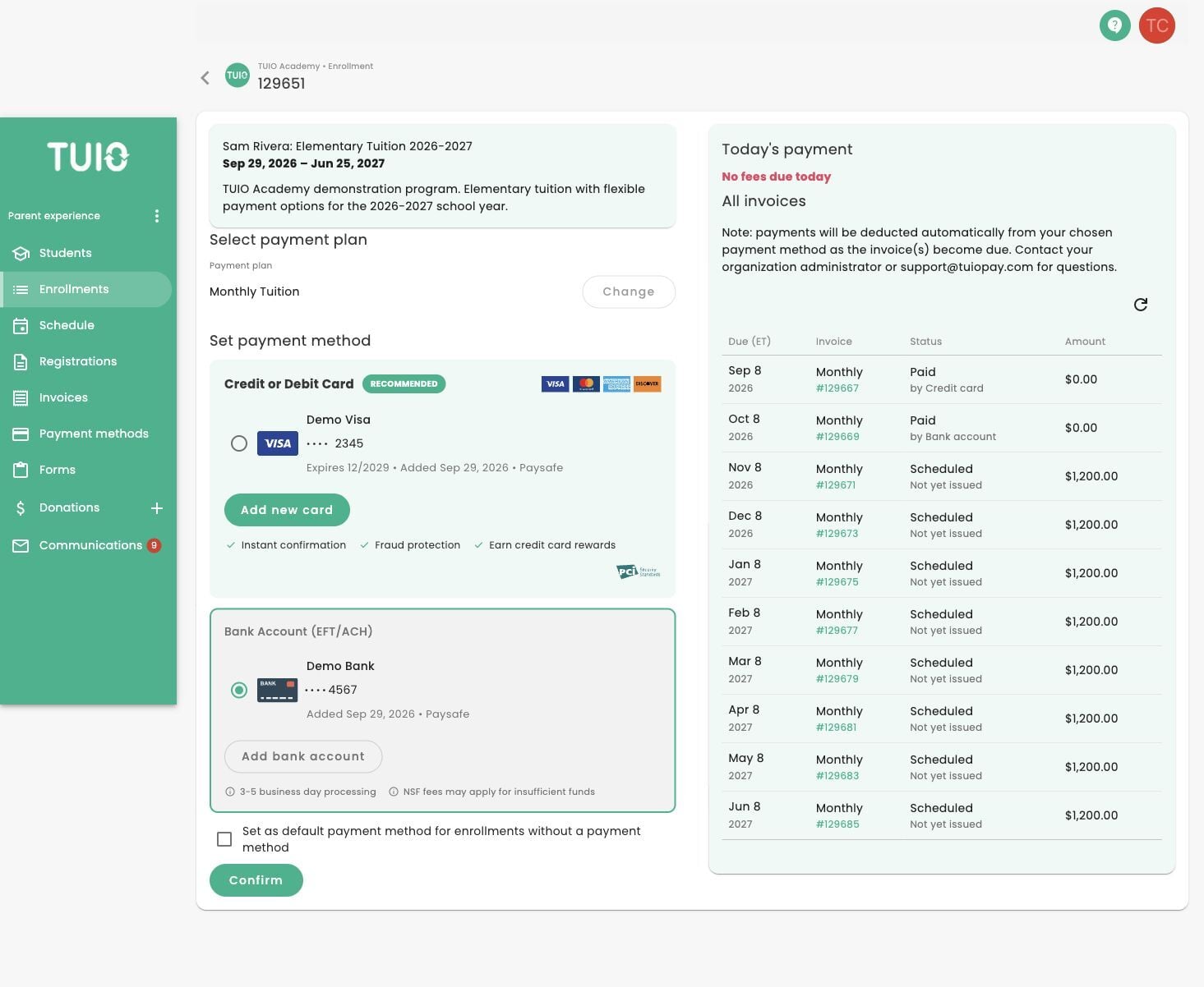 Current enrollment setup with payment-method choices, Today's payment, All invoices and Confirm.